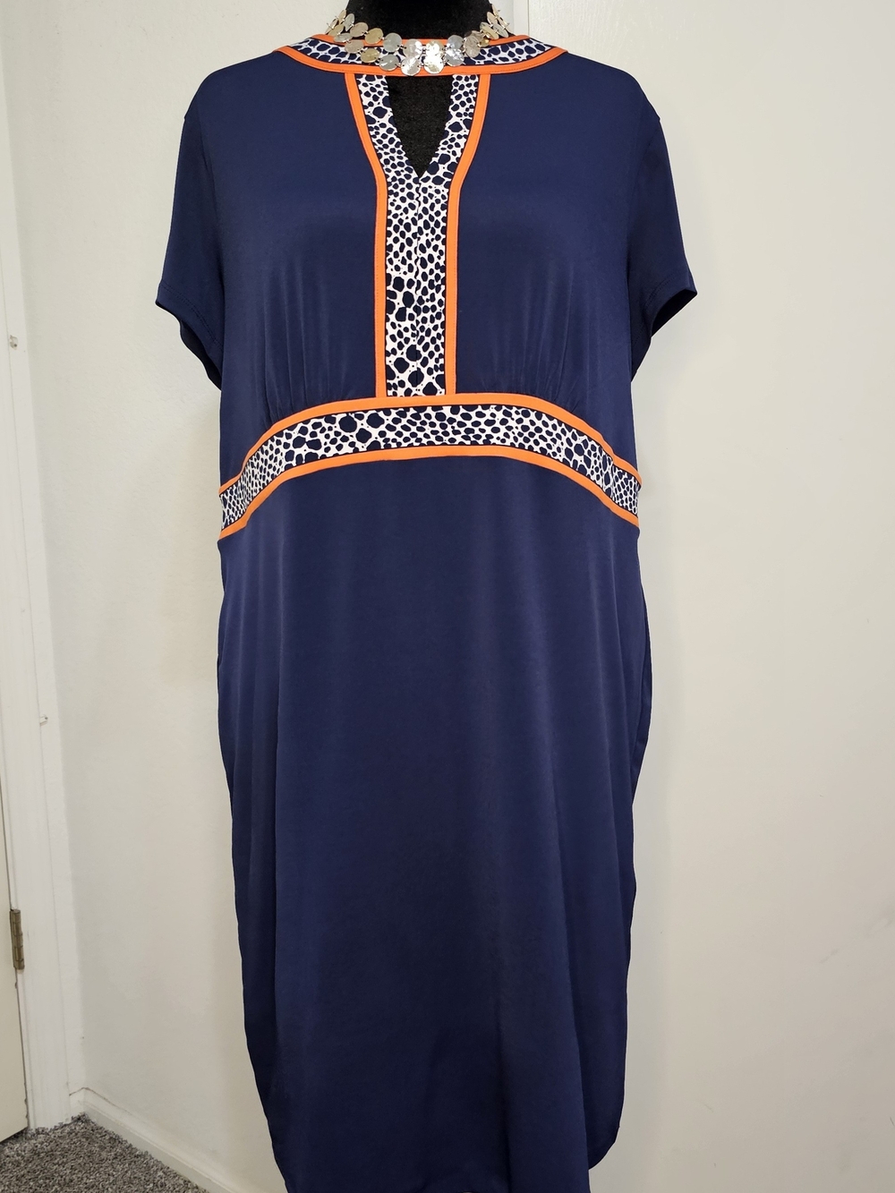 Michael Kors Navy Dress with Orange Trim & Animal Print Accent Sz 0X